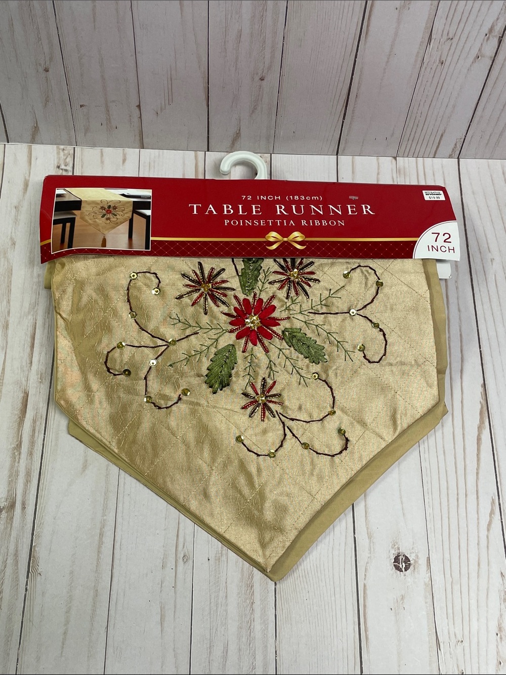 Table Runner Gold Christmas Poinsettia Ribbon Embroidered 72" Length NEW